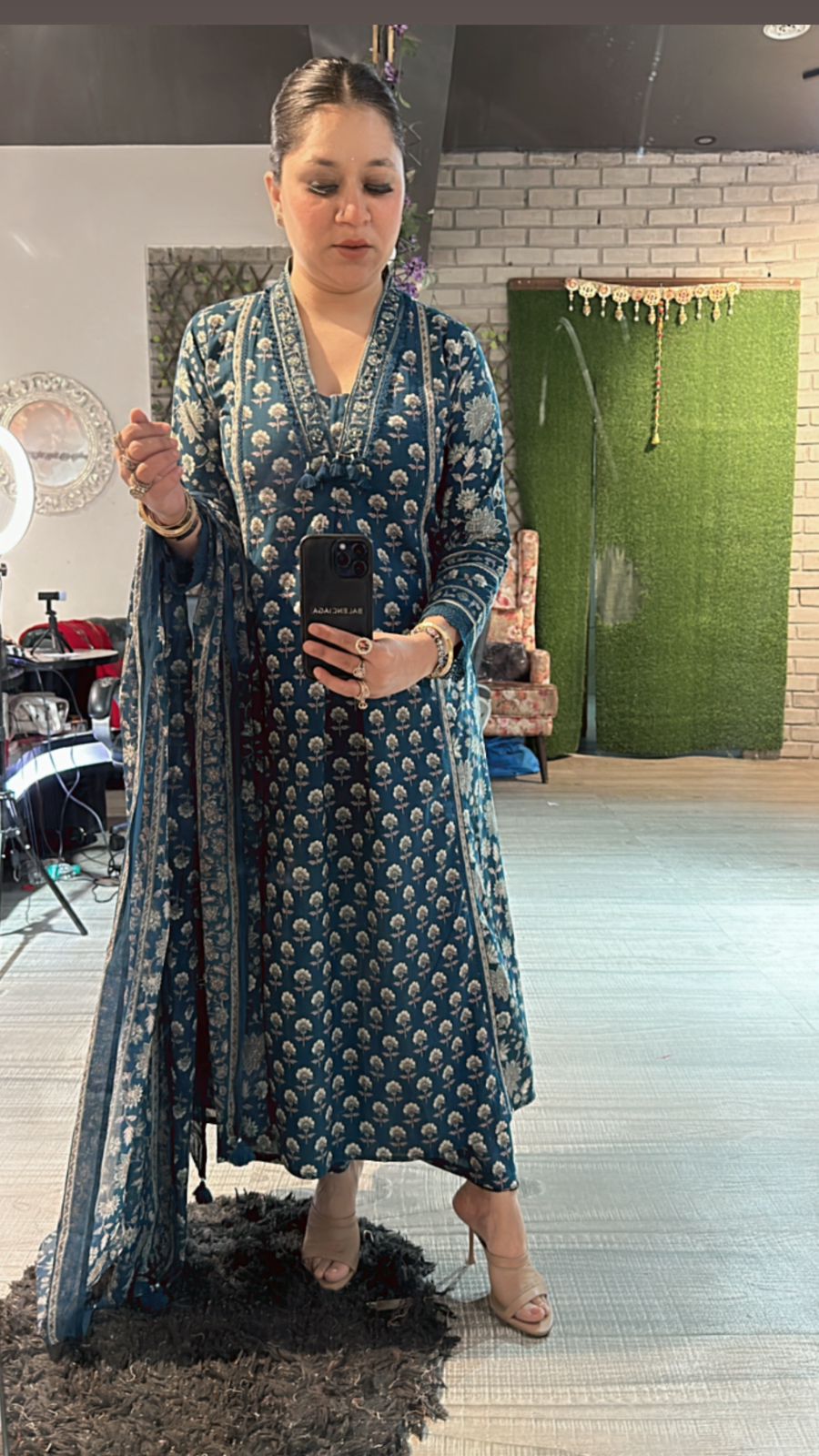 Akbar Teal Blue printed Aline suit