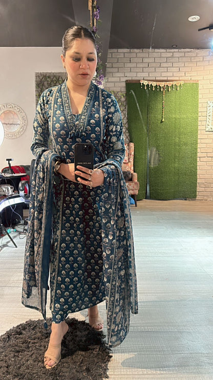 Akbar Teal Blue printed Aline suit