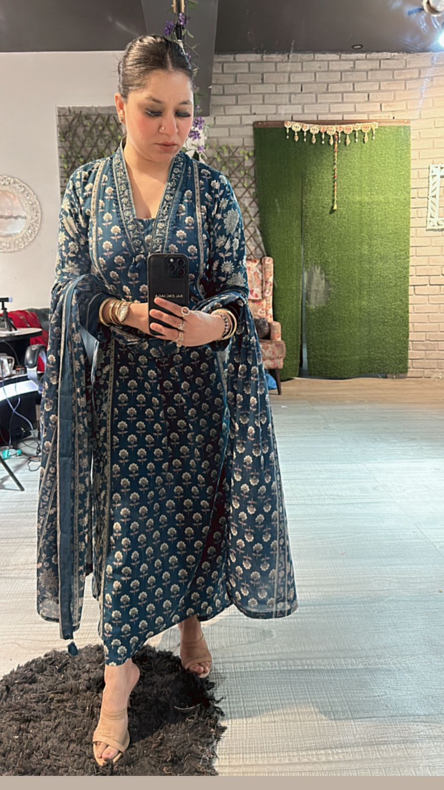 Akbar Teal Blue printed Aline suit