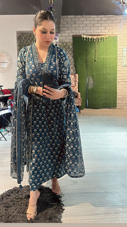 Akbar Teal Blue printed Aline suit