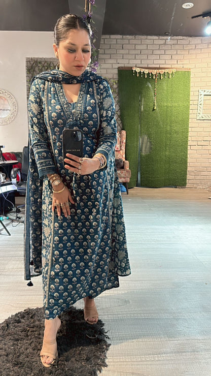 Akbar Teal Blue printed Aline suit