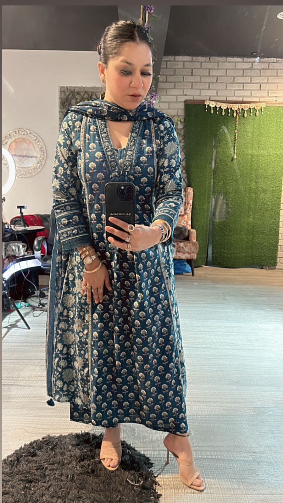 Akbar Teal Blue printed Aline suit
