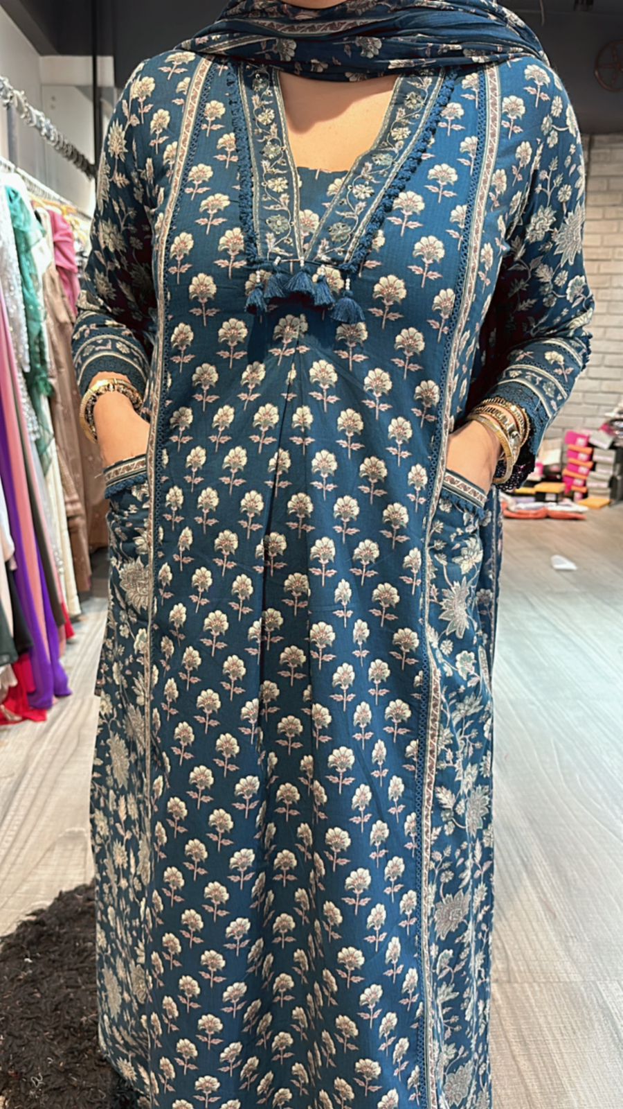 Akbar Teal Blue printed Aline suit