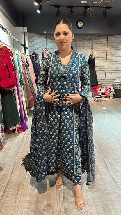 Akbar Teal Blue printed Aline suit
