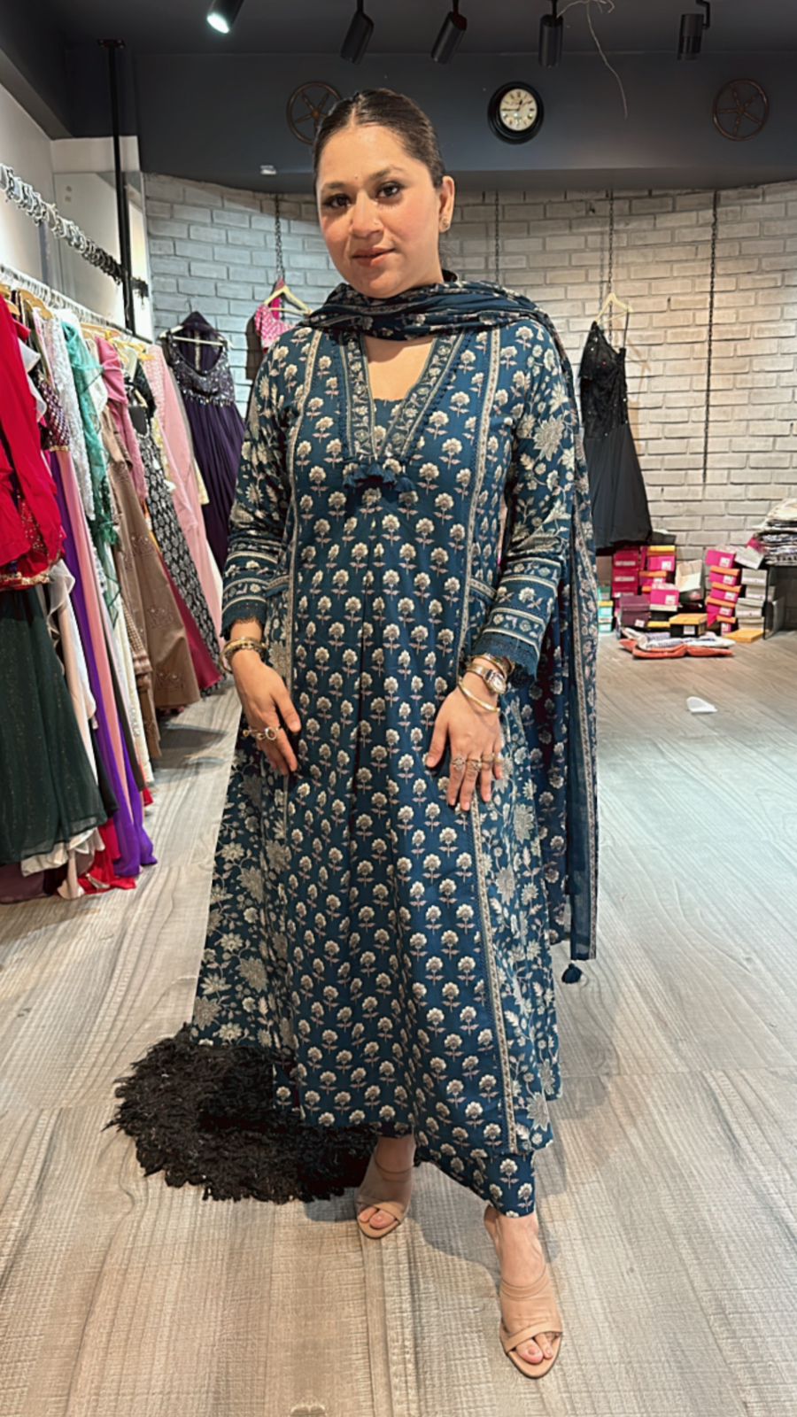 Akbar Teal Blue printed Aline suit