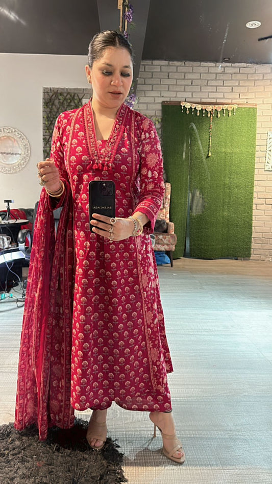 Akbar Cherry printed Aline suit