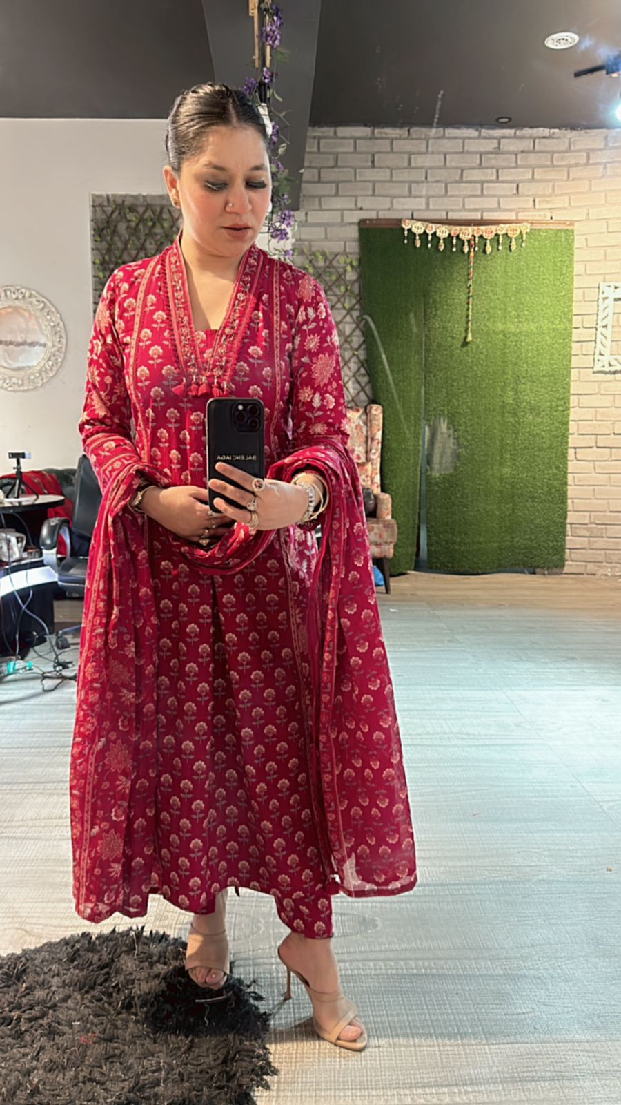 Akbar Cherry printed Aline suit