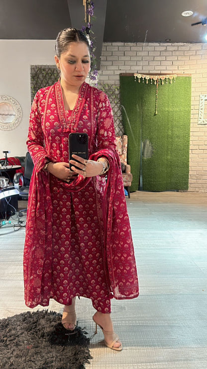 Akbar Cherry printed Aline suit