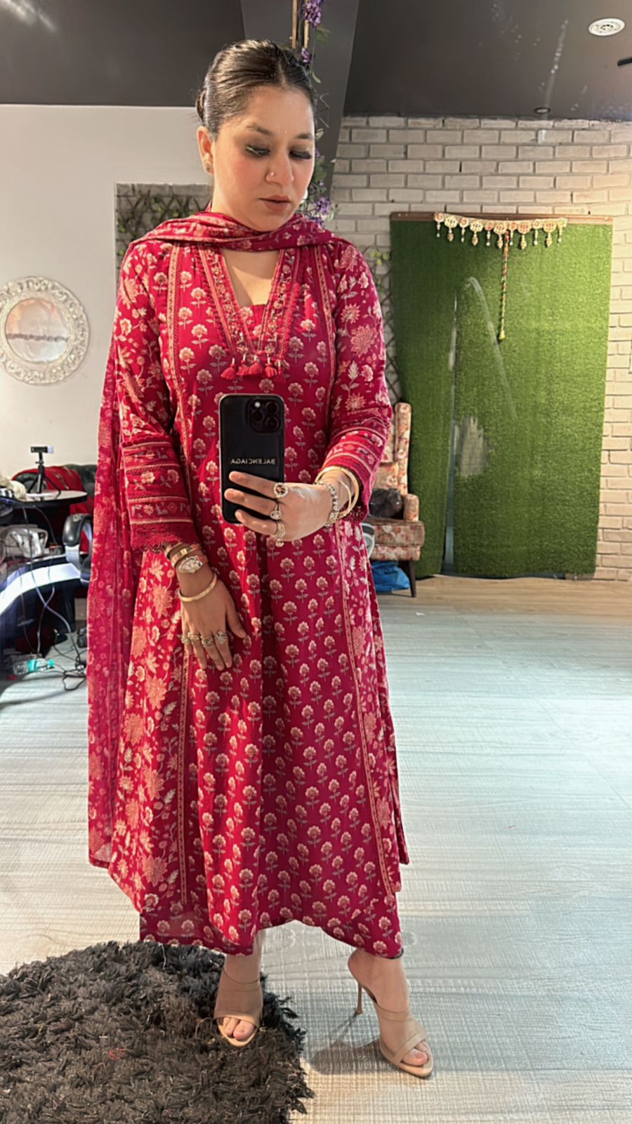 Akbar Cherry printed Aline suit