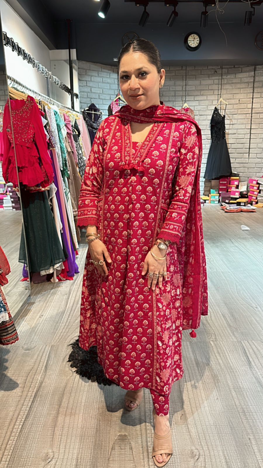 Akbar Cherry printed Aline suit