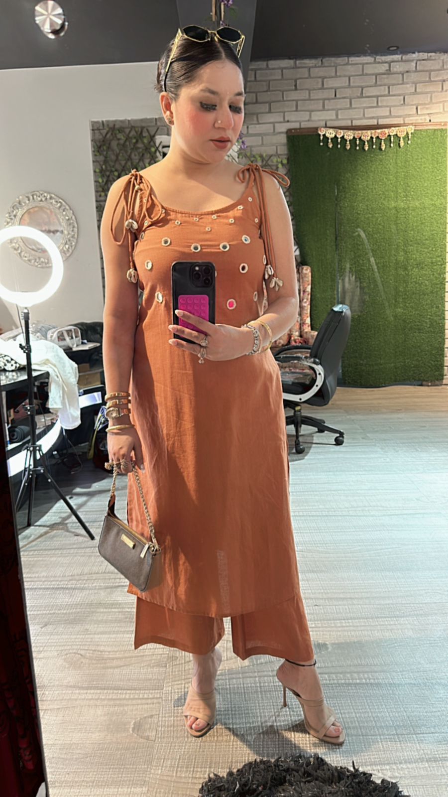 Shells Rust Mirror strap kurta set