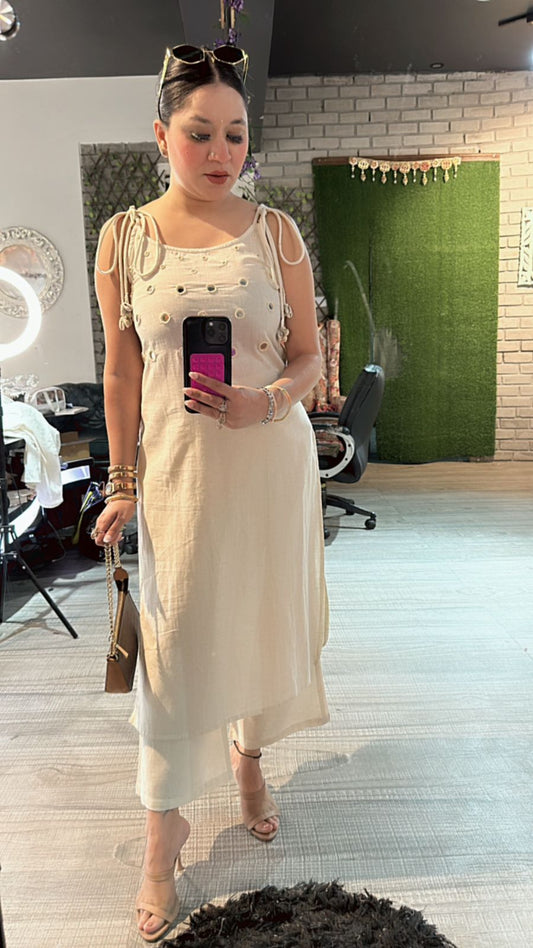 Shells Ivory Mirror strap kurta set