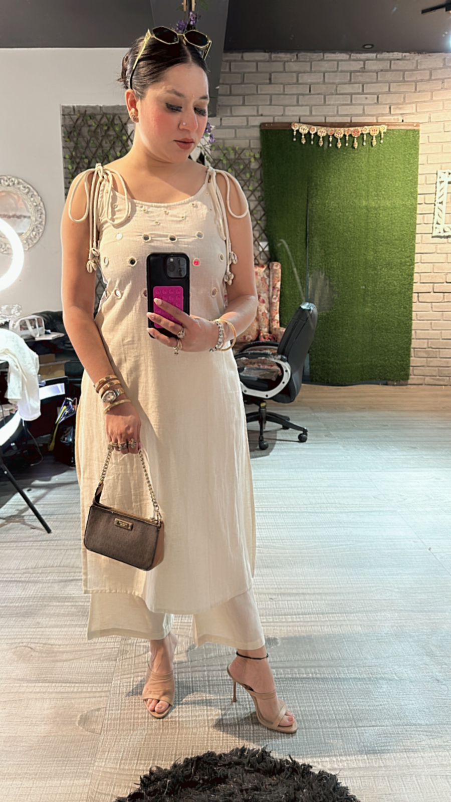 Shells Ivory Mirror strap kurta set