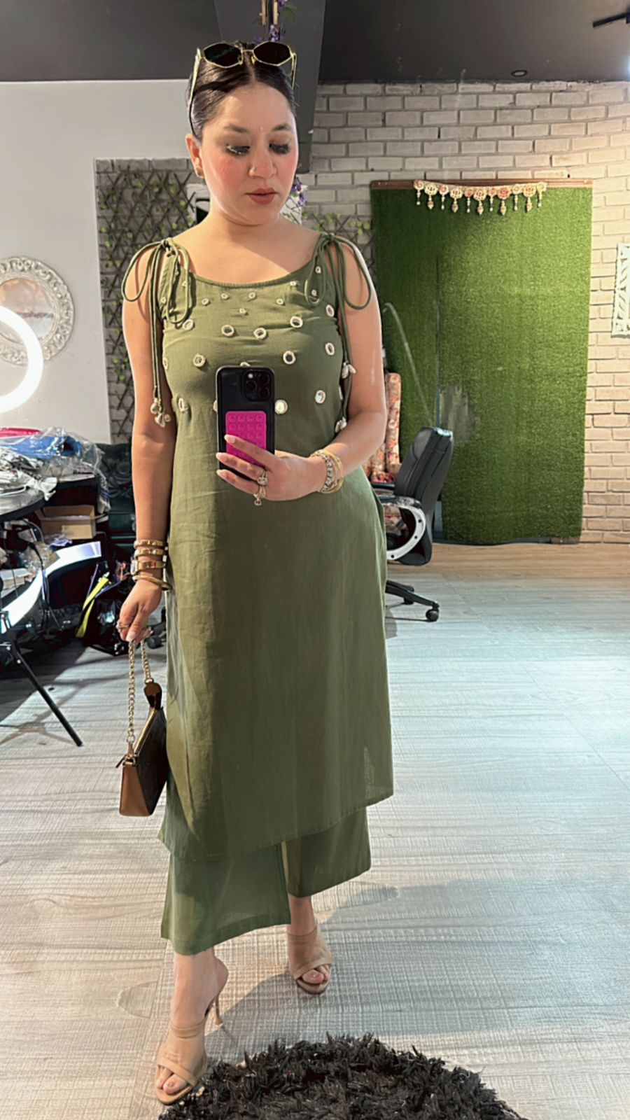 Shells Green Mirror strap kurta set
