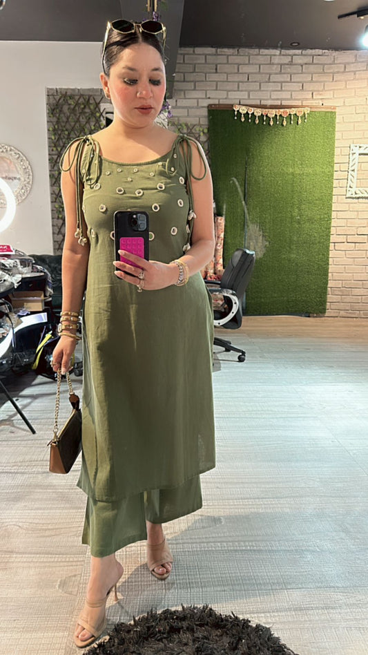 Shells Green Mirror strap kurta set