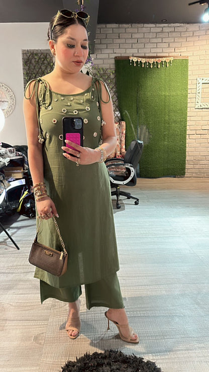 Shells Green Mirror strap kurta set