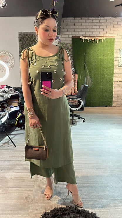 Shells Green Mirror strap kurta set