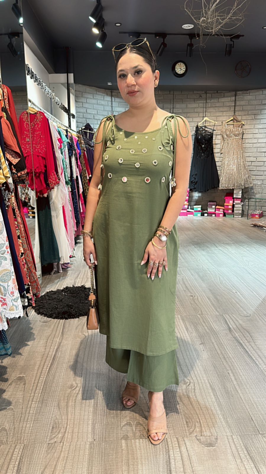 Shells Green Mirror strap kurta set