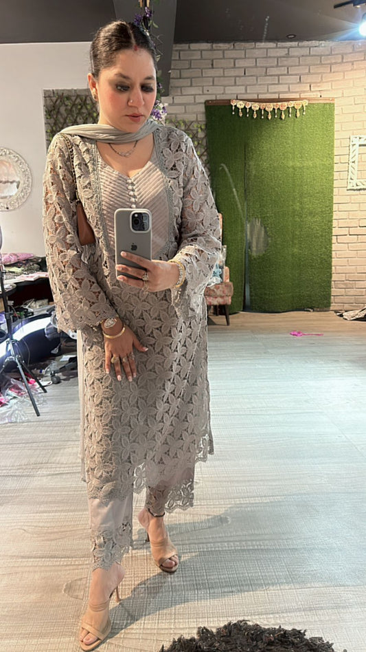 Pernia Grey crochet Lace Suit
