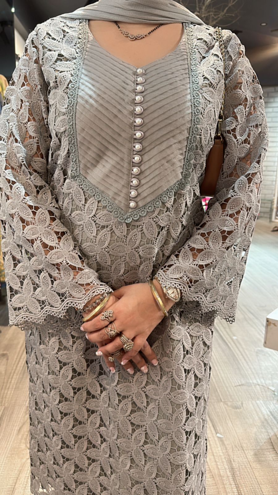 Pernia Grey crochet Lace Suit