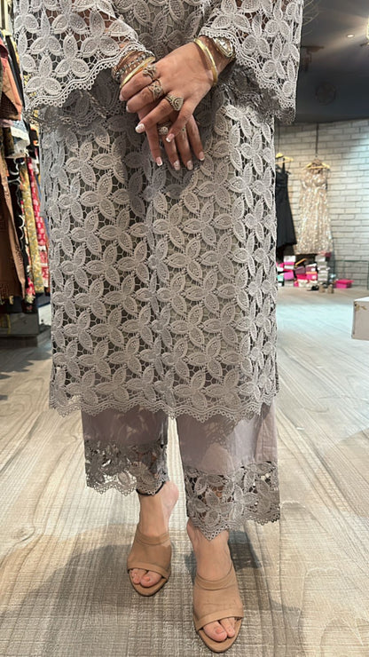 Pernia Grey crochet Lace Suit