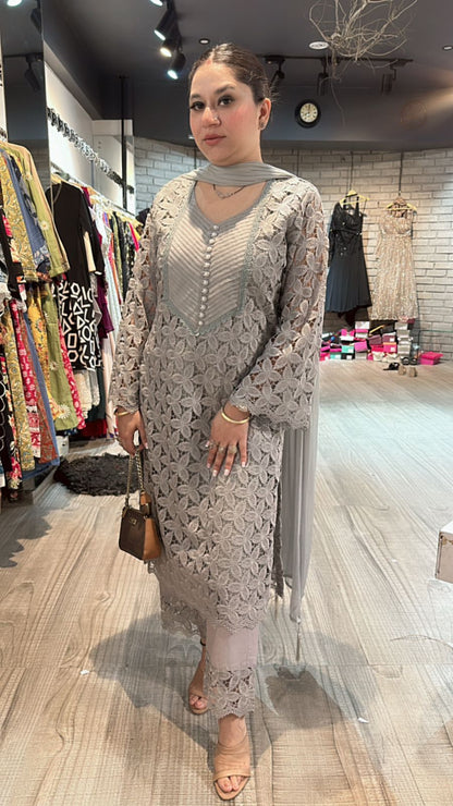 Pernia Grey crochet Lace Suit