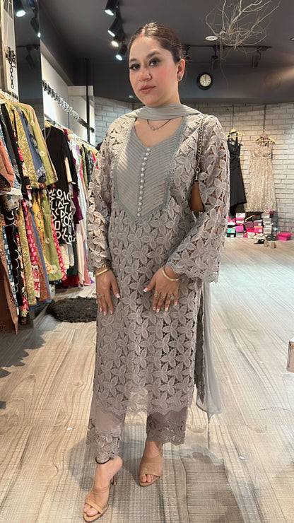 Pernia Grey crochet Lace Suit