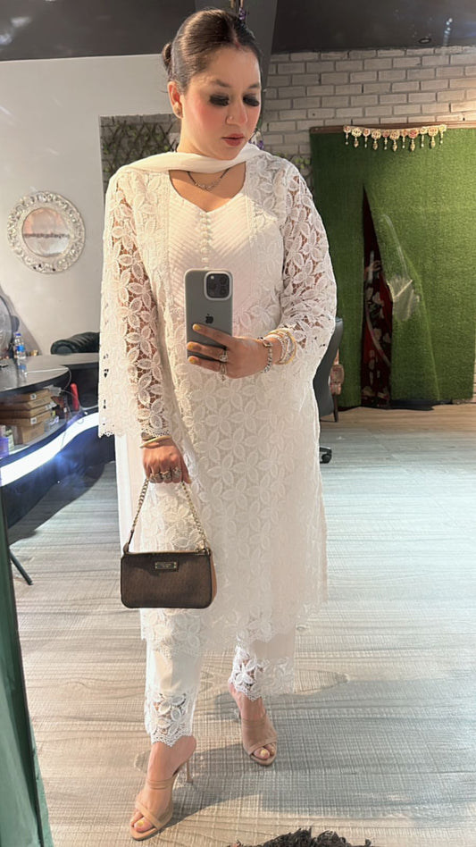 Pernia white crochet Lace Suit