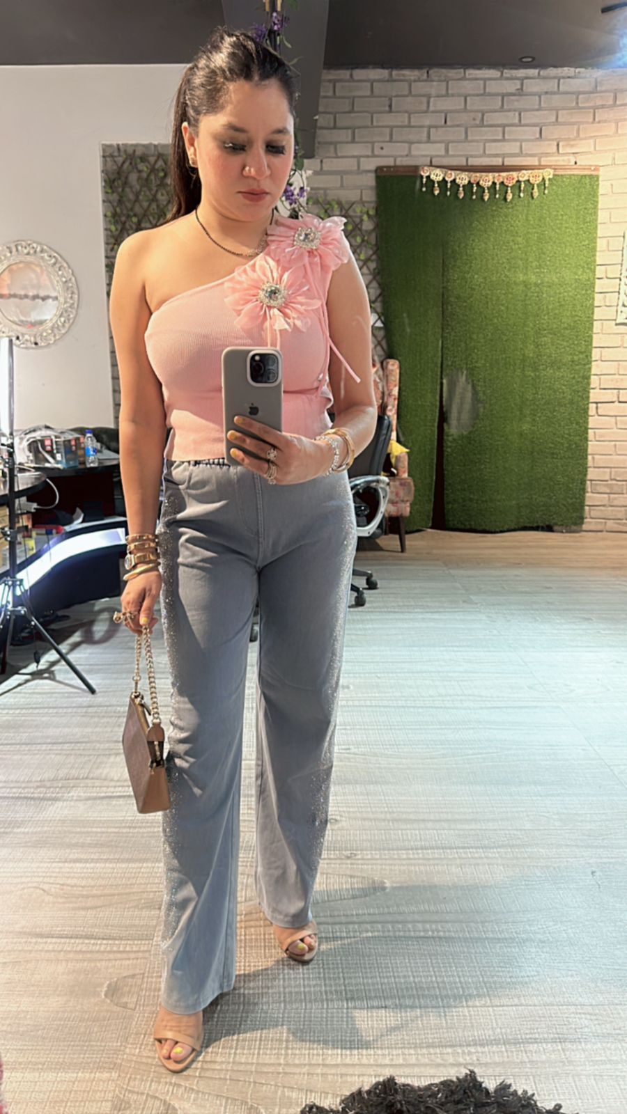Pink 3D one shoulder Flower Top