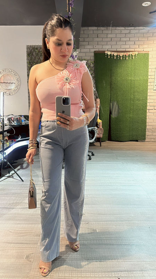 Pink 3D one shoulder Flower Top