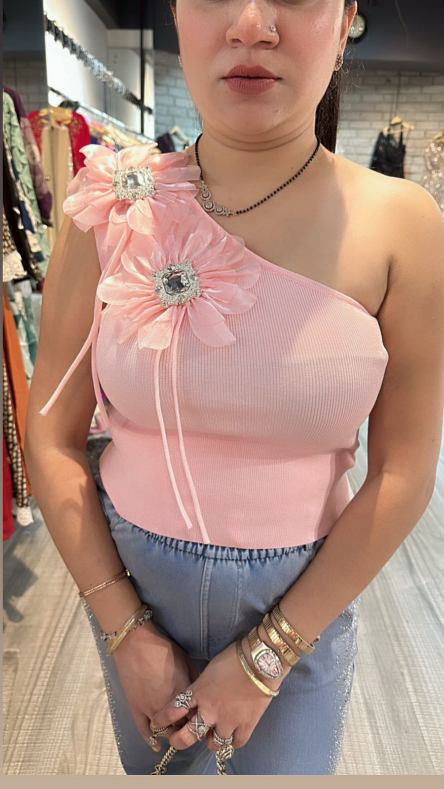 Pink 3D one shoulder Flower Top