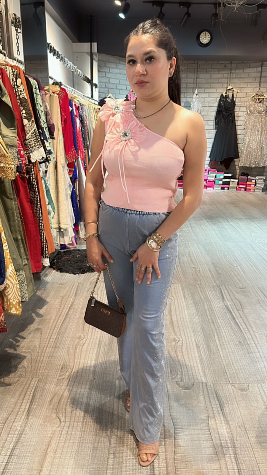 Pink 3D one shoulder Flower Top