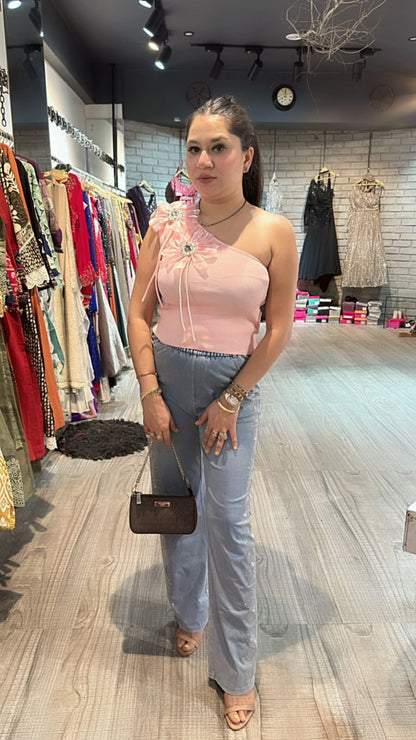 Pink 3D one shoulder Flower Top