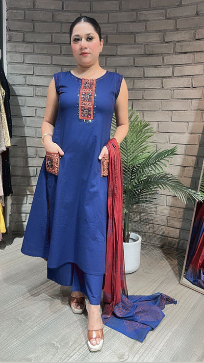Bareli Navy Blue Aline pocket Suit