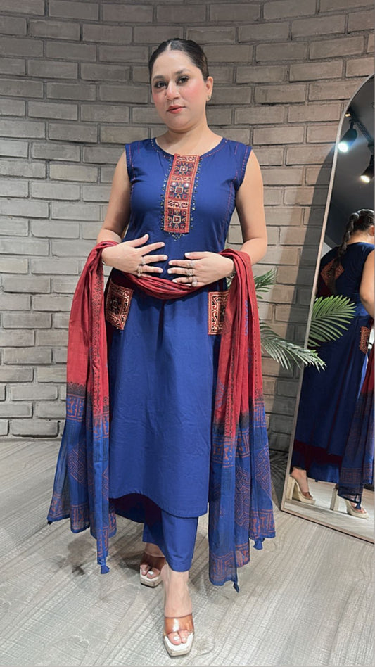 Bareli Navy Blue Aline pocket Suit
