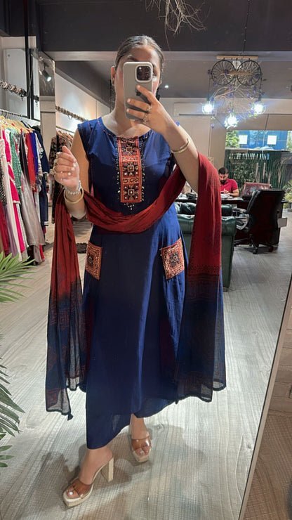 Bareli Navy Blue Aline pocket Suit