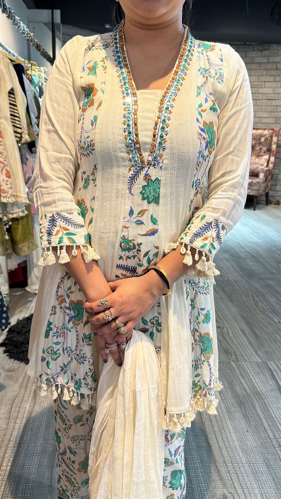 Varanasi ivory Blue peplum Digital Suit