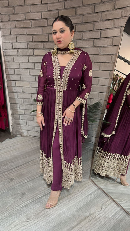 Fida wine front cut Anarkali Suit