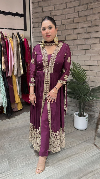 Fida wine front cut Anarkali Suit