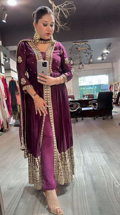Fida wine front cut Anarkali Suit