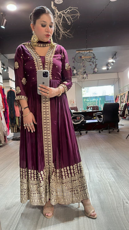 Fida wine front cut Anarkali Suit