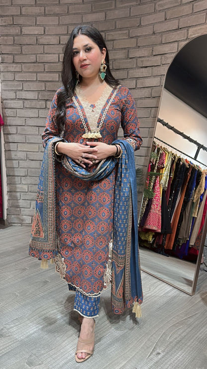 Kedarnath Blue Red printed suit