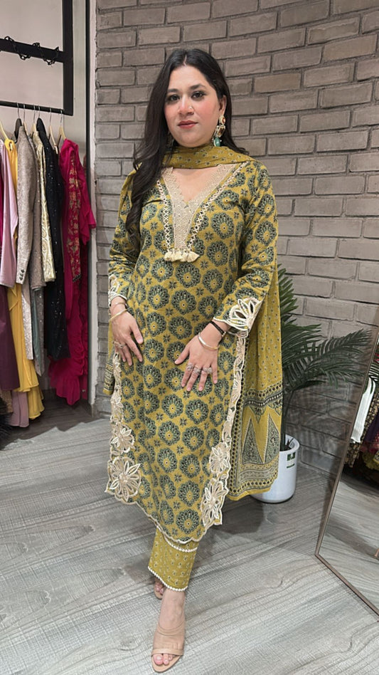 Kedarnath Musturd Green printed suit