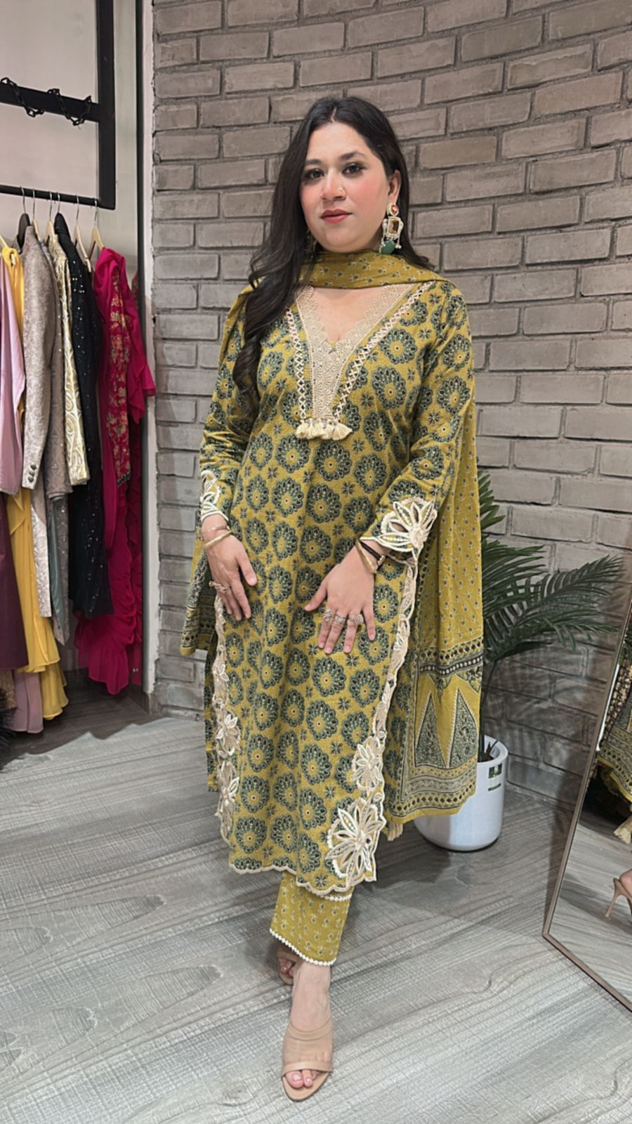 Kedarnath Musturd Green printed suit