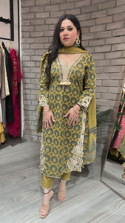 Kedarnath Musturd Green printed suit