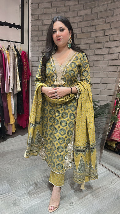 Kedarnath Musturd Green printed suit