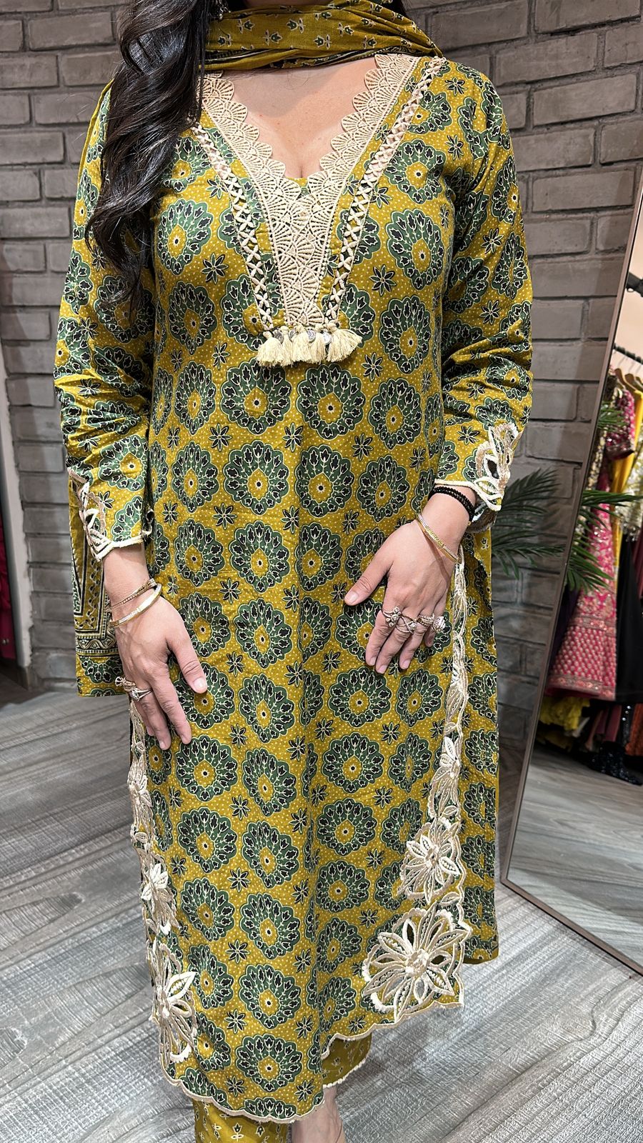 Kedarnath Musturd Green printed suit