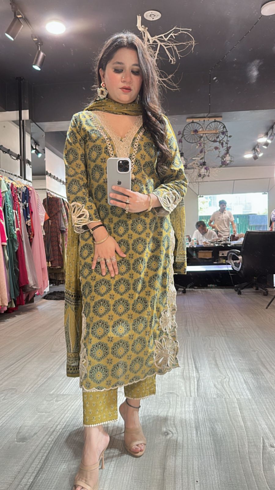 Kedarnath Musturd Green printed suit