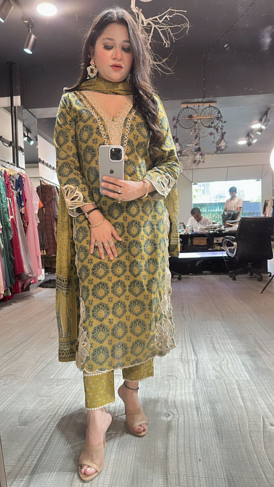 Kedarnath Musturd Green printed suit
