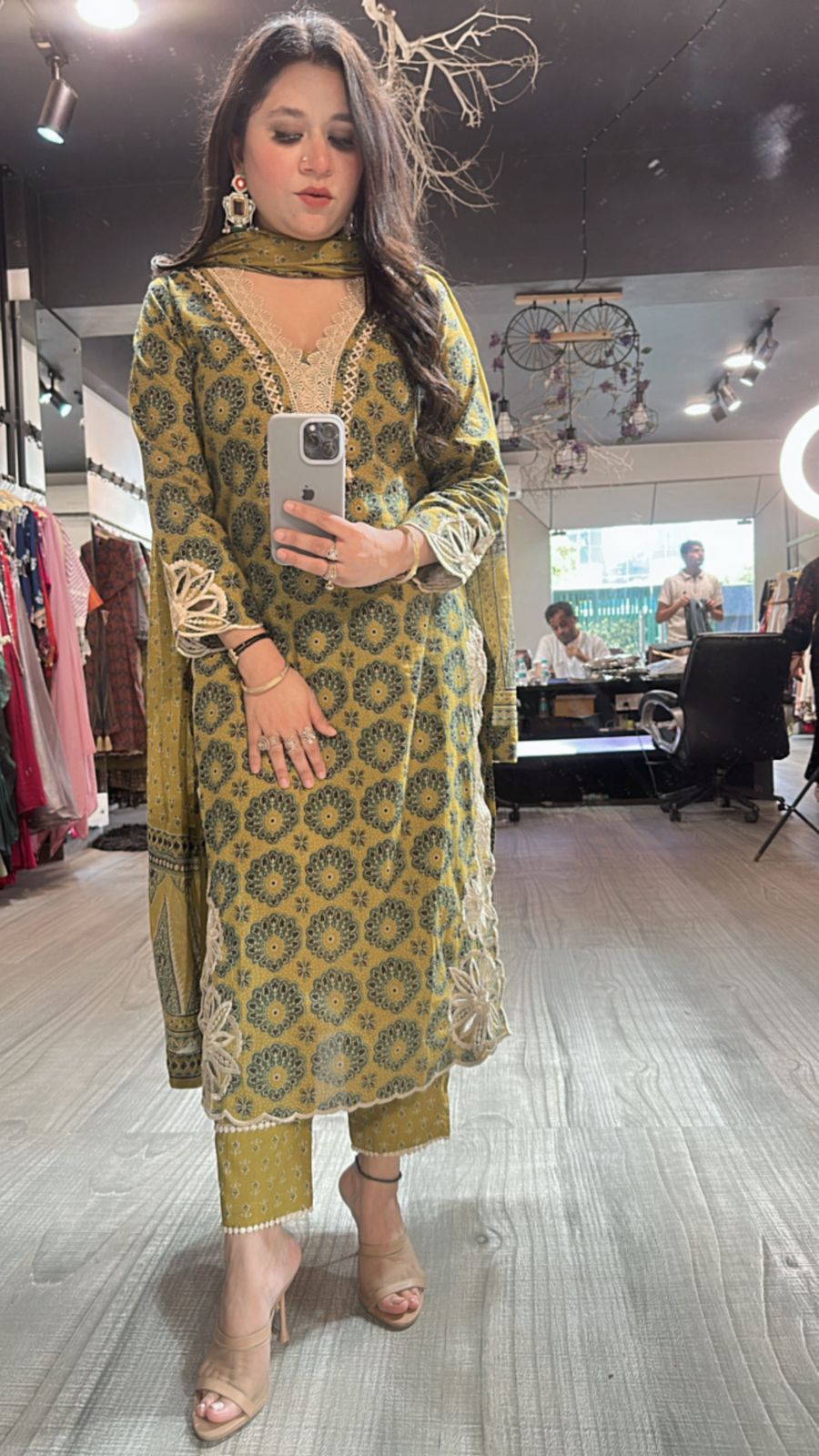 Kedarnath Musturd Green printed suit